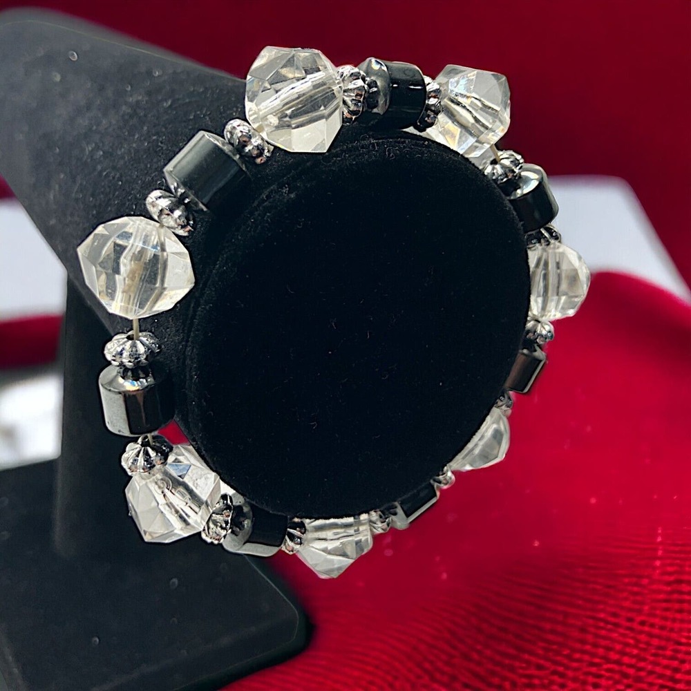 Black, Clear Chunky Beaded & Silver Spacers 3 Inch Stretchy Bracelet!